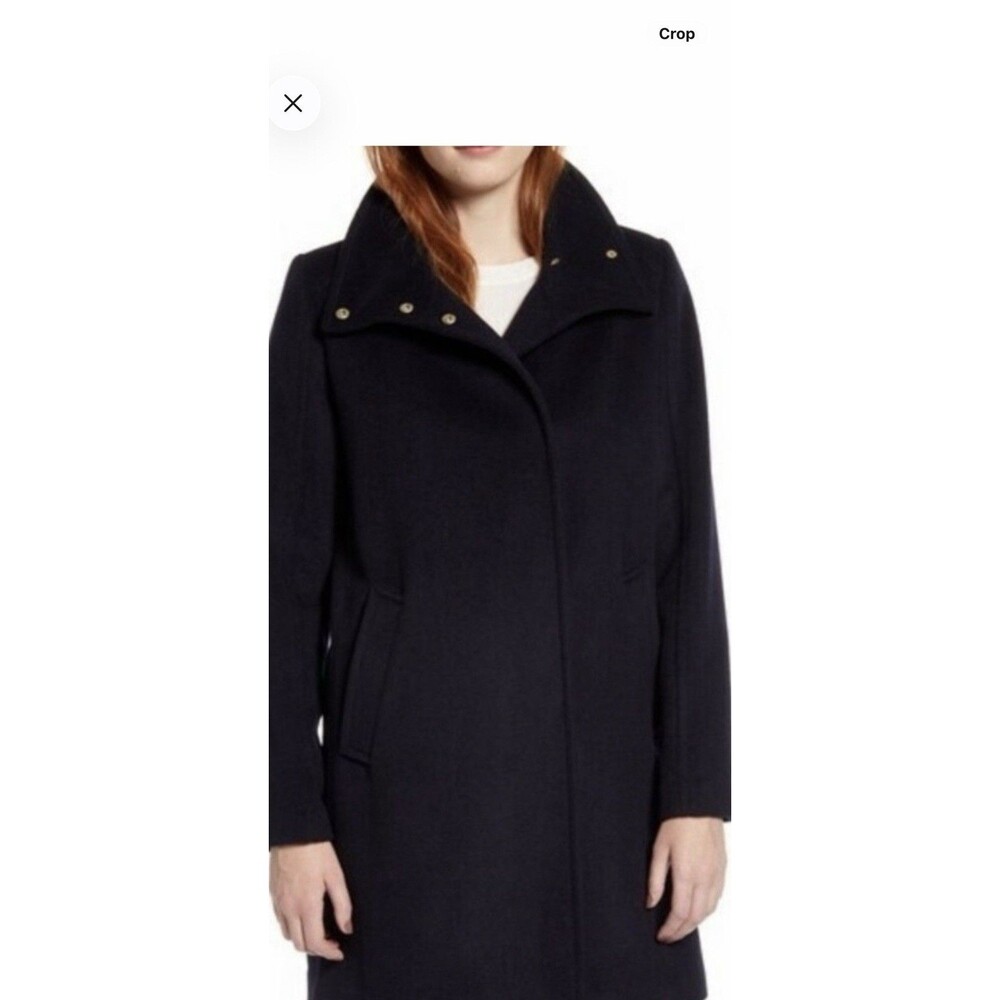 NWT Navy Blue ) Cole Haan Snap Wool-Blend Long Car Coat Sz 8